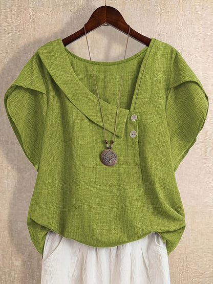 Damen Tunika Bluse mit asymmetrischem Ausschnitt und Knopfdetail – Künstlerischer Casual Look