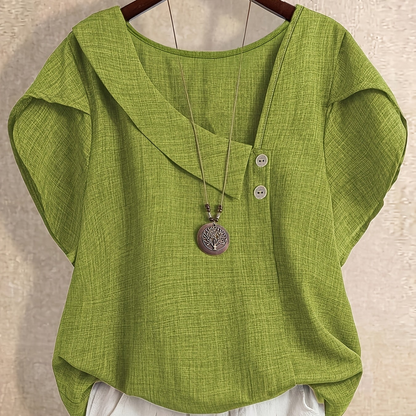 Damen Tunika Bluse mit asymmetrischem Ausschnitt und Knopfdetail – Künstlerischer Casual Look