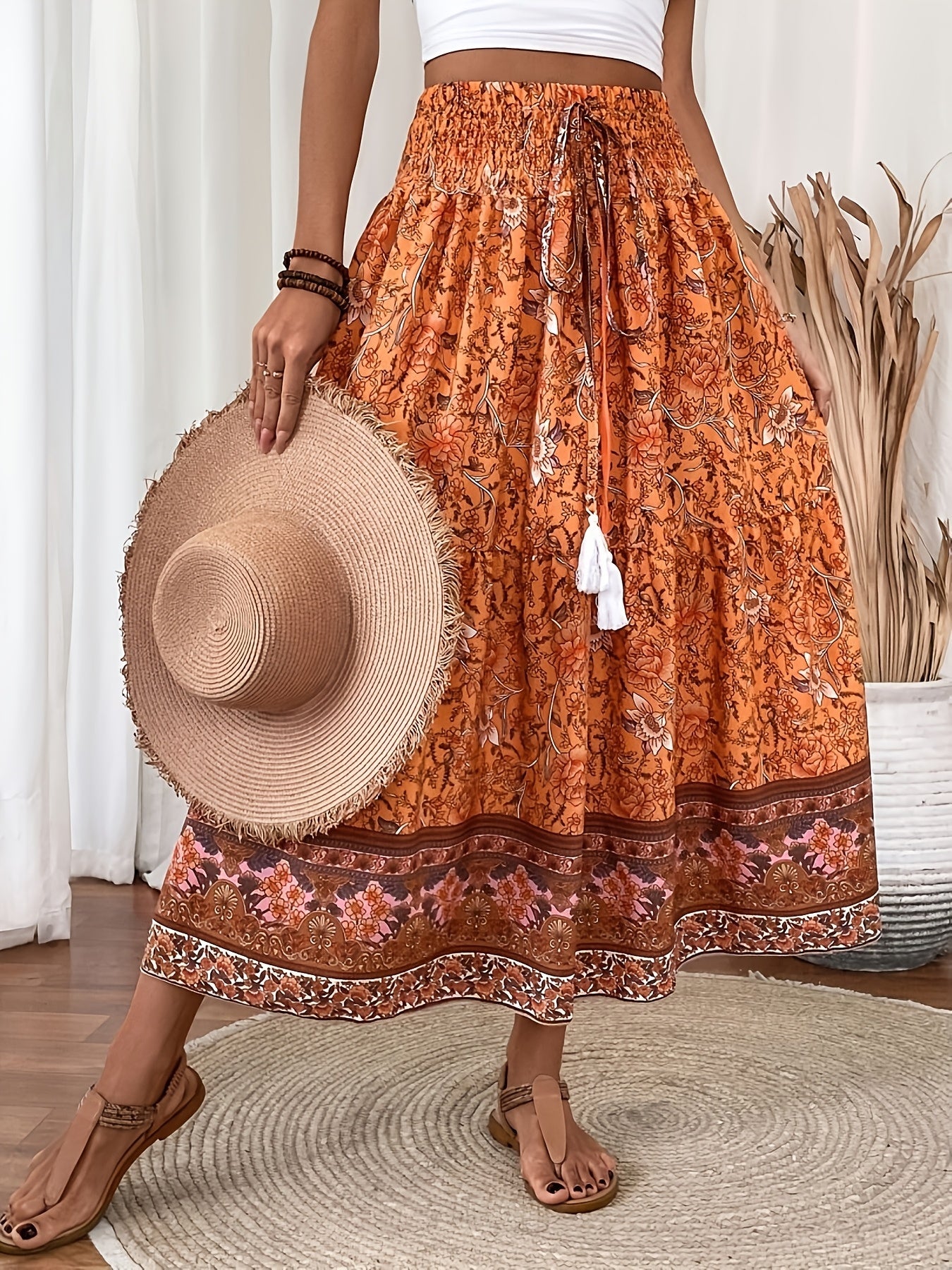 Damen Boho Maxirock mit Blumenmuster und elastischem Bund – Sommer Freizeitrock, Vintage Stil