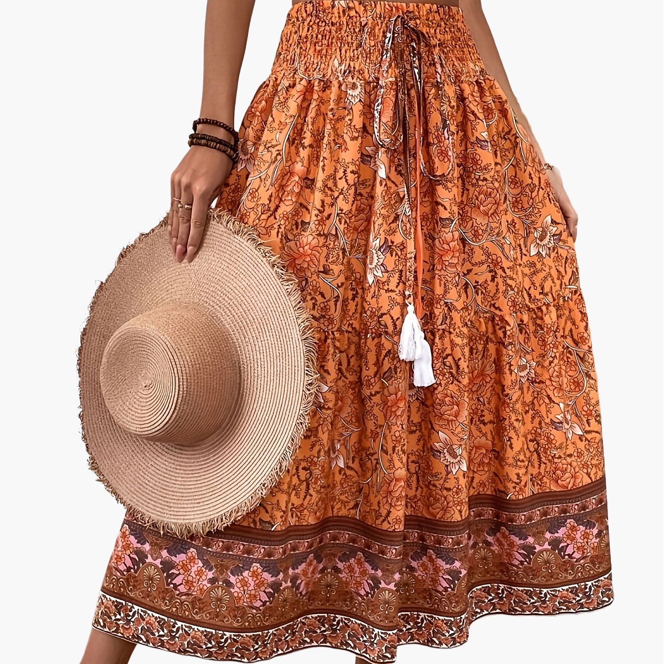 Damen Boho Maxirock mit Blumenmuster und elastischem Bund – Sommer Freizeitrock, Vintage Stil