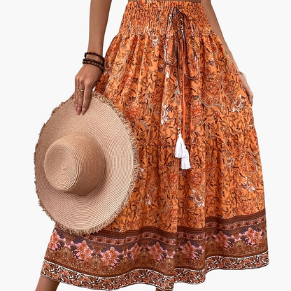 Damen Boho Maxirock mit Blumenmuster und elastischem Bund – Sommer Freizeitrock, Vintage Stil