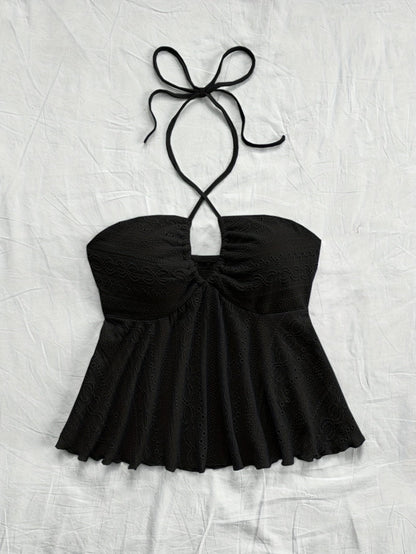 Damen Halter Babydoll Top mit Stickerei und Vintage-Charme – Verspieltes Sommertop