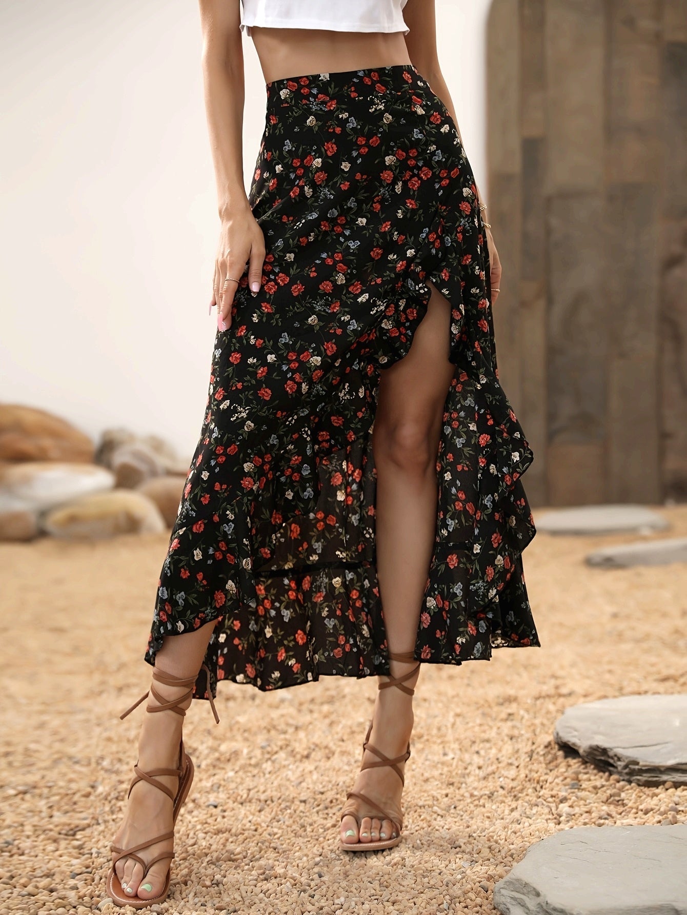 Damen Eleganter Maxirock mit Blumenmuster und Volant, Sommer Freizeitmode