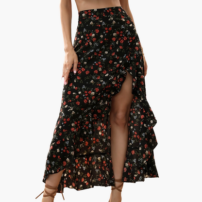 Damen Eleganter Maxirock mit Blumenmuster und Volant, Sommer Freizeitmode