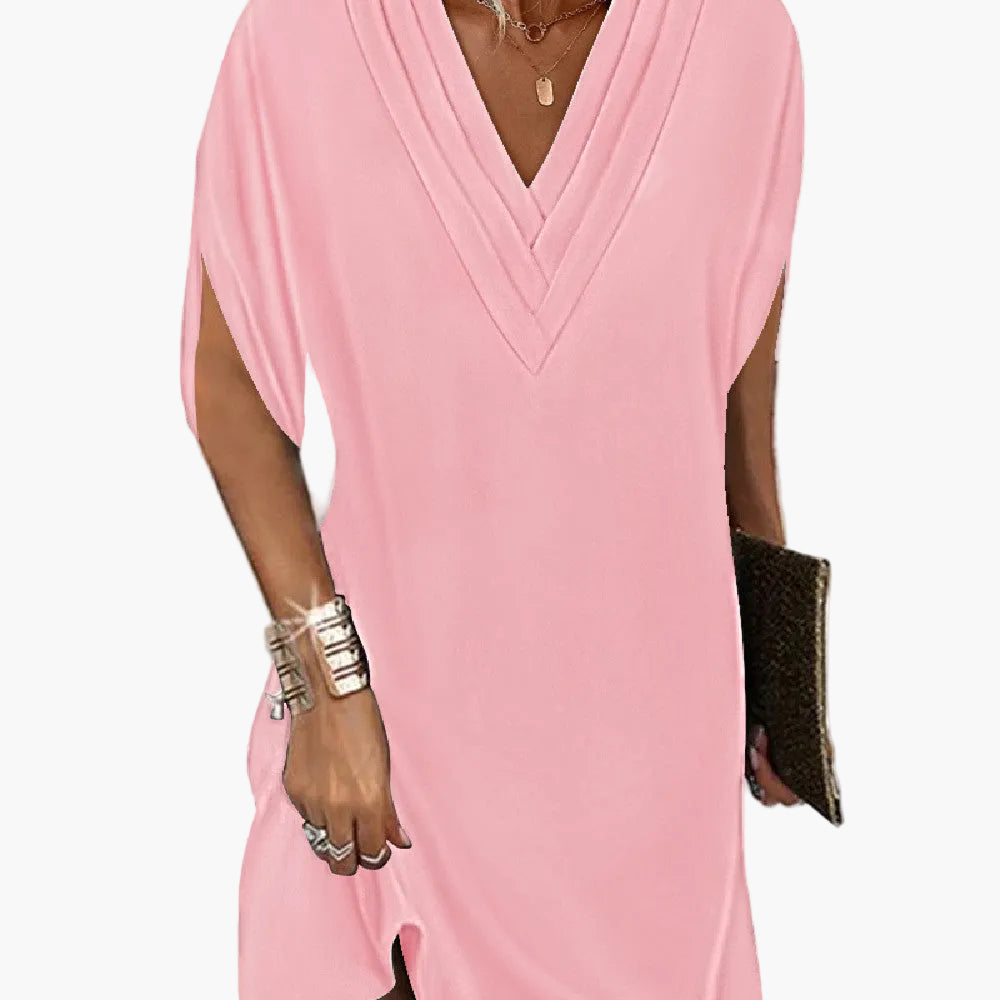 Damen Kleid Elegant mit V-Ausschnitt und Schlitzärmeln – Lockeres Sommerkleid für Alltag und Anlass