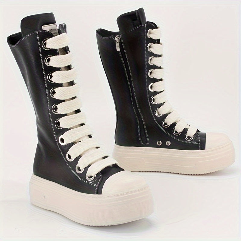 Damen High-Top Sneaker Stiefel Schwarz mit Schnürung & Plateau Sohle