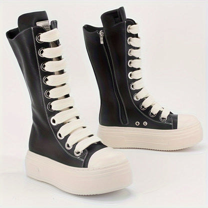 Damen High-Top Sneaker Stiefel Schwarz mit Schnürung & Plateau Sohle