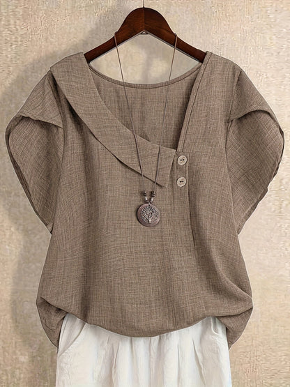 Damen Tunika Bluse mit asymmetrischem Ausschnitt und Knopfdetail – Künstlerischer Casual Look