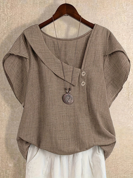 Damen Tunika Bluse mit asymmetrischem Ausschnitt und Knopfdetail – Künstlerischer Casual Look