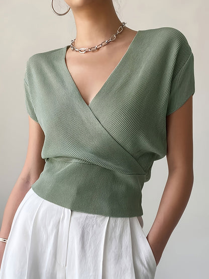 Damen Wickelshirt mit V-Ausschnitt – Eleganter Sommer Pullover Kurzarm für Freizeit & Büro