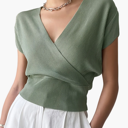 Damen Wickelshirt mit V-Ausschnitt – Eleganter Sommer Pullover Kurzarm für Freizeit & Büro