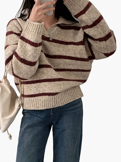 Damen Strickpullover mit Streifenmuster und Polokragen – Eleganter Herbst/Winter Sweater