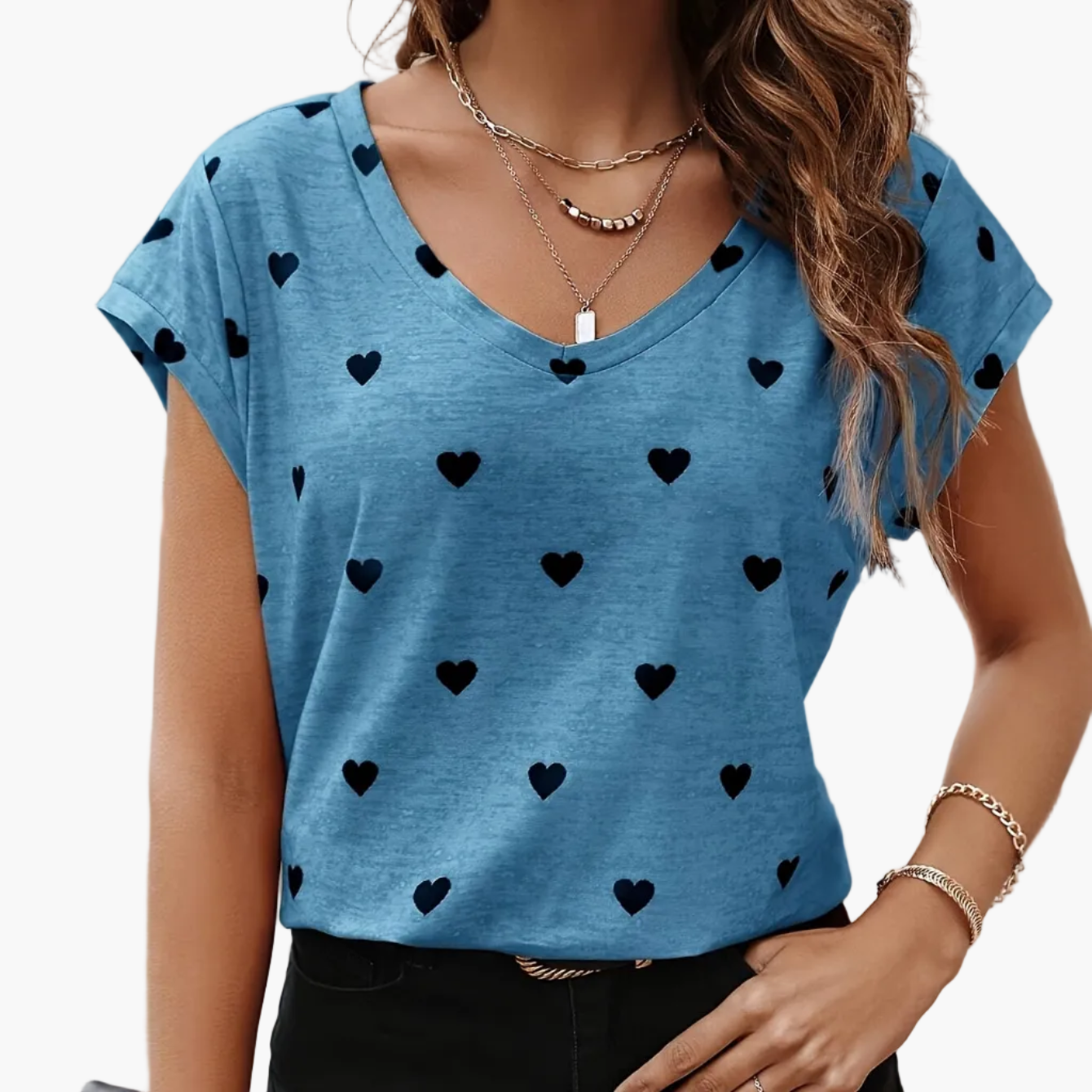 Damen Herzmuster V-Ausschnitt T-Shirt – Modisches Freizeitshirt für Alltag und Sommer