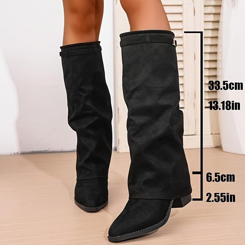 Damen Schlupfstiefel Wildleder-Optik Braun Kniehoch mit Blockabsatz