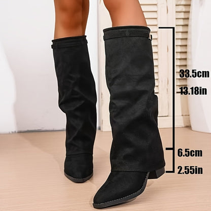 Damen Schlupfstiefel Wildleder-Optik Braun Kniehoch mit Blockabsatz