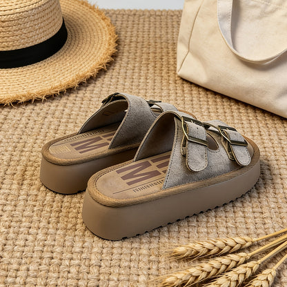 Damen Plateau-Sandalen mit Doppelriemen und Schnallen – Modische Freizeitschuhe für Alltag und Stadt