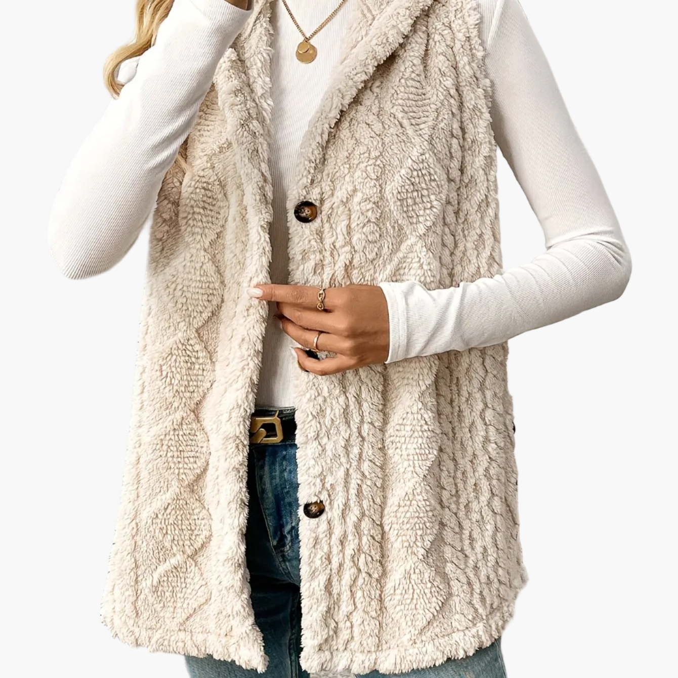 Damen Strickweste mit Kapuze und Knöpfen – Eleganter Lagenlook für Alltag und Freizeit