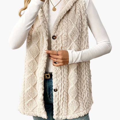 Damen Strickweste mit Kapuze und Knöpfen – Eleganter Lagenlook für Alltag und Freizeit