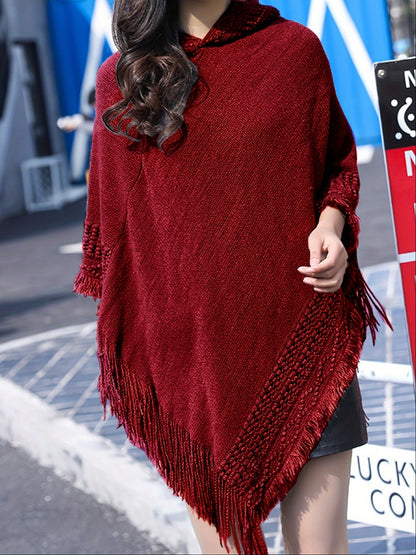 Damen Strick-Poncho mit Kapuze und Fransen