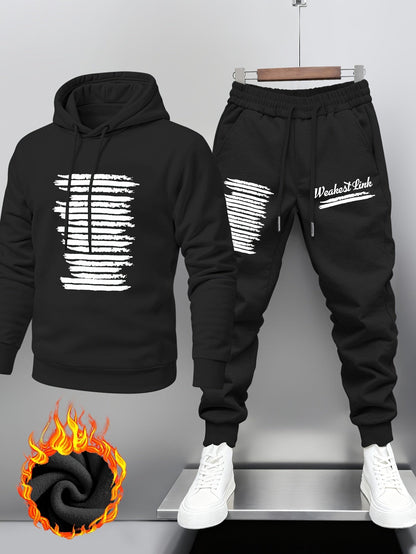 Hoodie und Jogginghose Set für Herren mit Druck und Kapuze, gefütterter Trainingsanzug