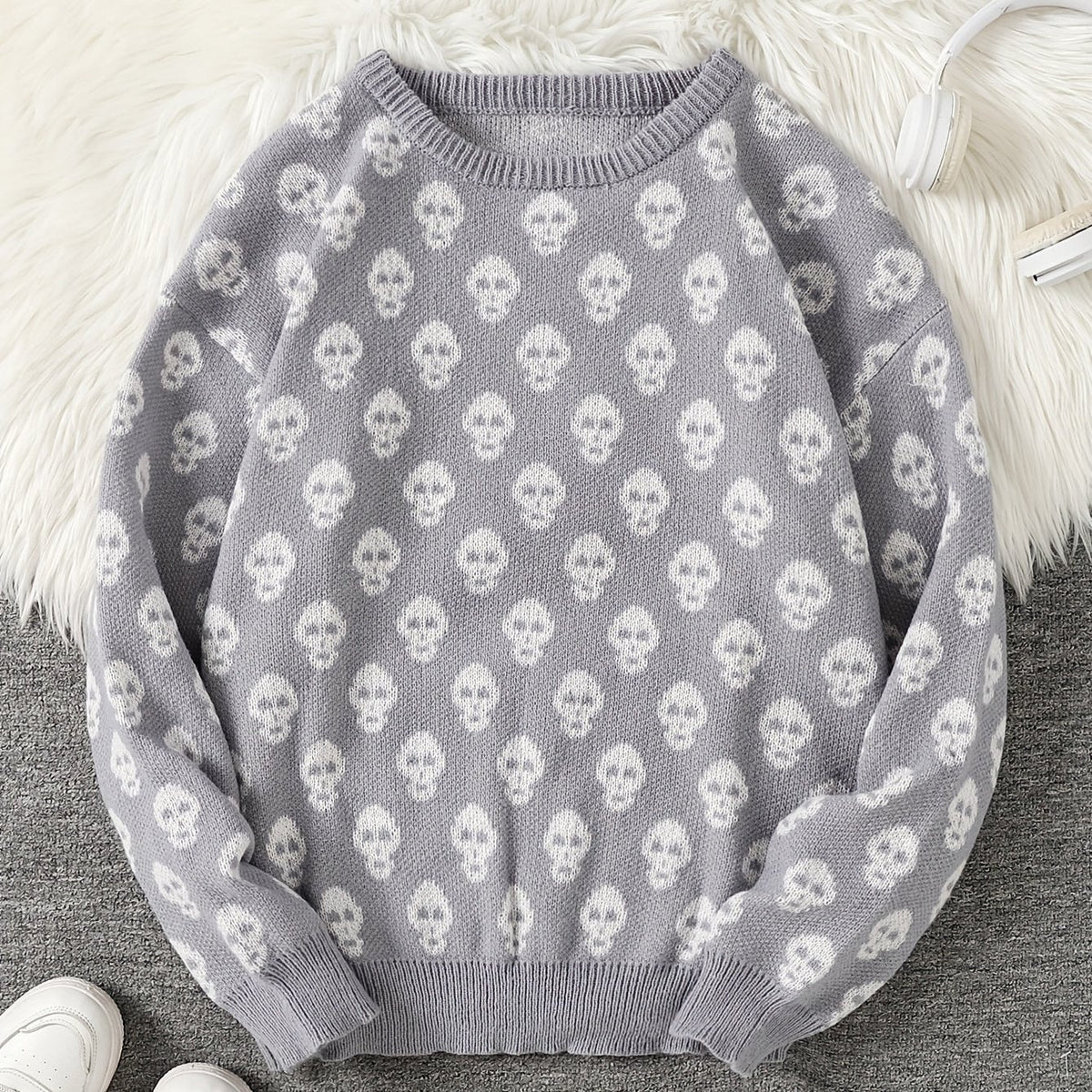 Unisex Pullover mit Totenkopfmuster Strick Rundhals Langarm Strickpullover