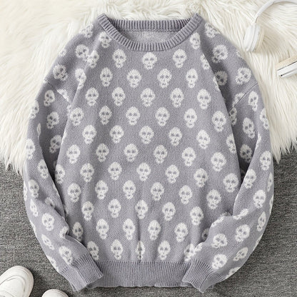 Unisex Pullover mit Totenkopfmuster Strick Rundhals Langarm Strickpullover