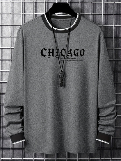 Herren Langarmshirt mit Rundhalsausschnitt und Chicago-Print, Ringelbündchen