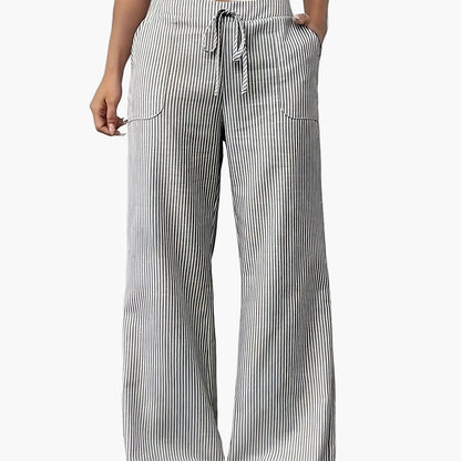Damen Weite Casual Streifenhose mit Kordelzug – Komfortable Freizeithose für Alltag und Wochenende