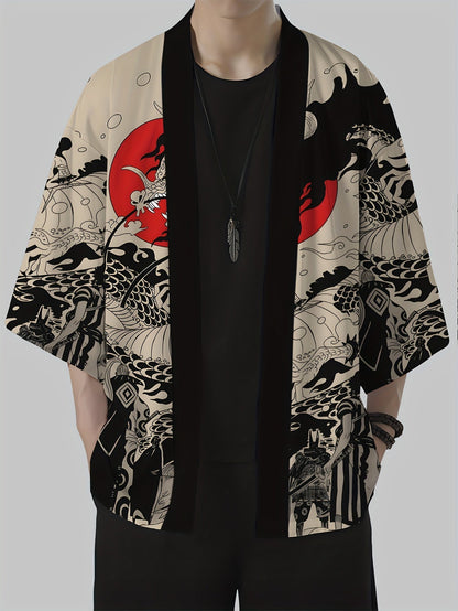 Herren Kimono Cardigan mit japanischem Drachen- und Samurai-Print – Streetwear Stil