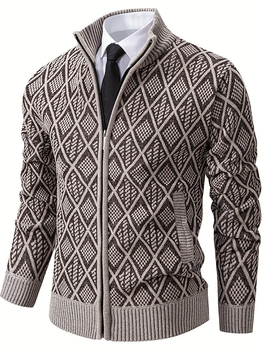 Herren Strickjacke Rautenmuster Stehkragen Reißverschluss Feinstrick Casual