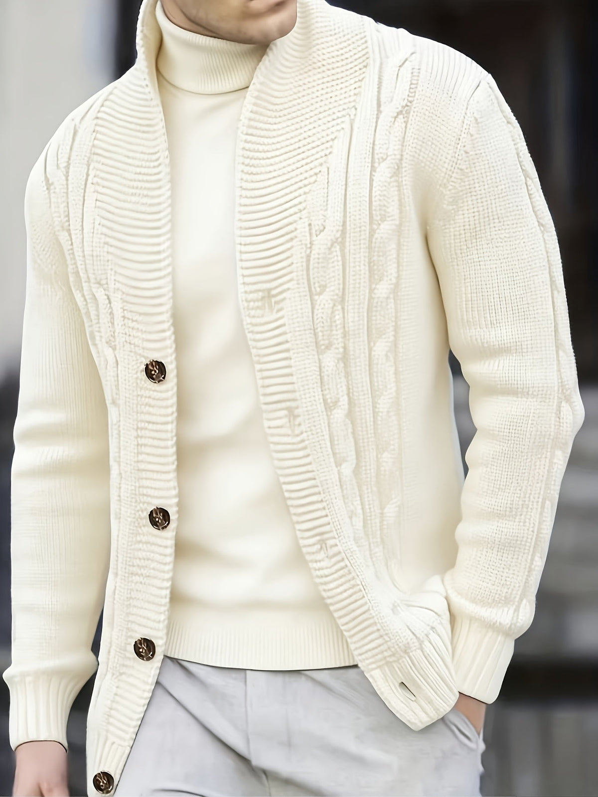 Herren Strickjacke Zopfmuster mit Schalkragen und Knöpfen