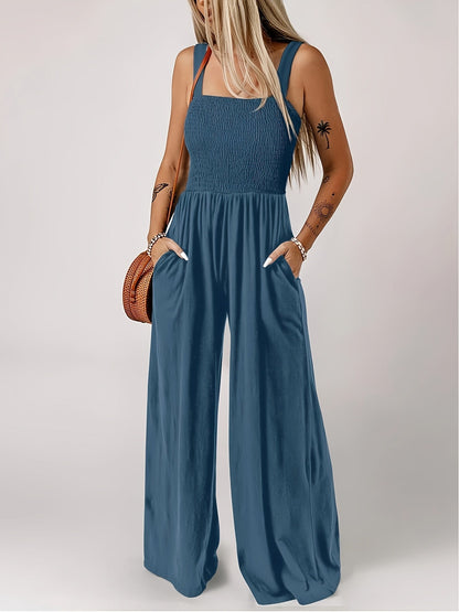 Damen Jumpsuit Elegant mit weitem Bein und Smok-Top – Perfekt für Sommer und Freizeit
