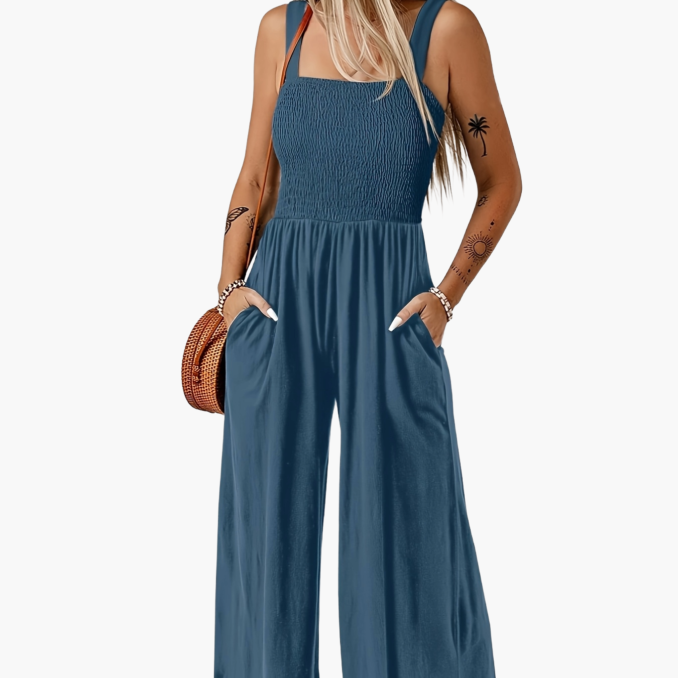 Damen Jumpsuit Elegant mit weitem Bein und Smok-Top – Perfekt für Sommer und Freizeit