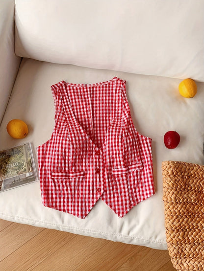 Damen Karierte Weste im Vintage-Stil – Eleganter Sommer Look für Freizeit & Alltag