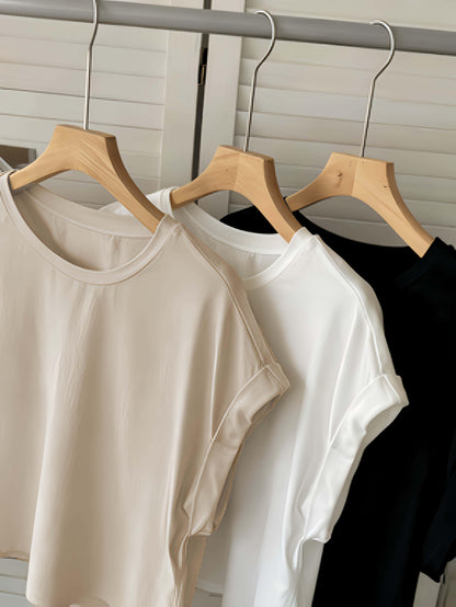 Damen Basic T-Shirt mit Aufschlagärmeln – Moderner Freizeitstil für Alltag und Büro