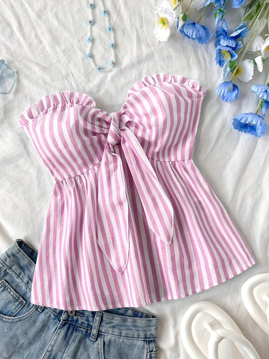 Damen Bandeau-Top mit Schleifen-Detail und Streifen – Verspieltes, schulterfreies Oberteil für Freizeit und Ausgehen