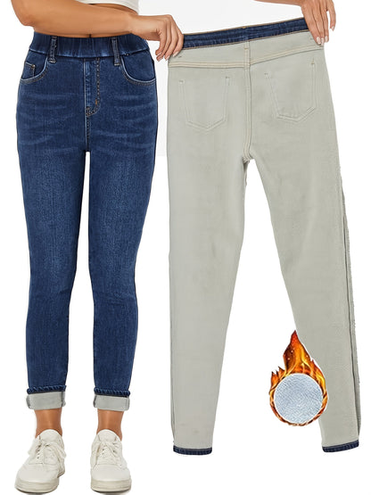 Damen Jeans Leggings mit Fleece-Futter – Dunkelblau, Stretch