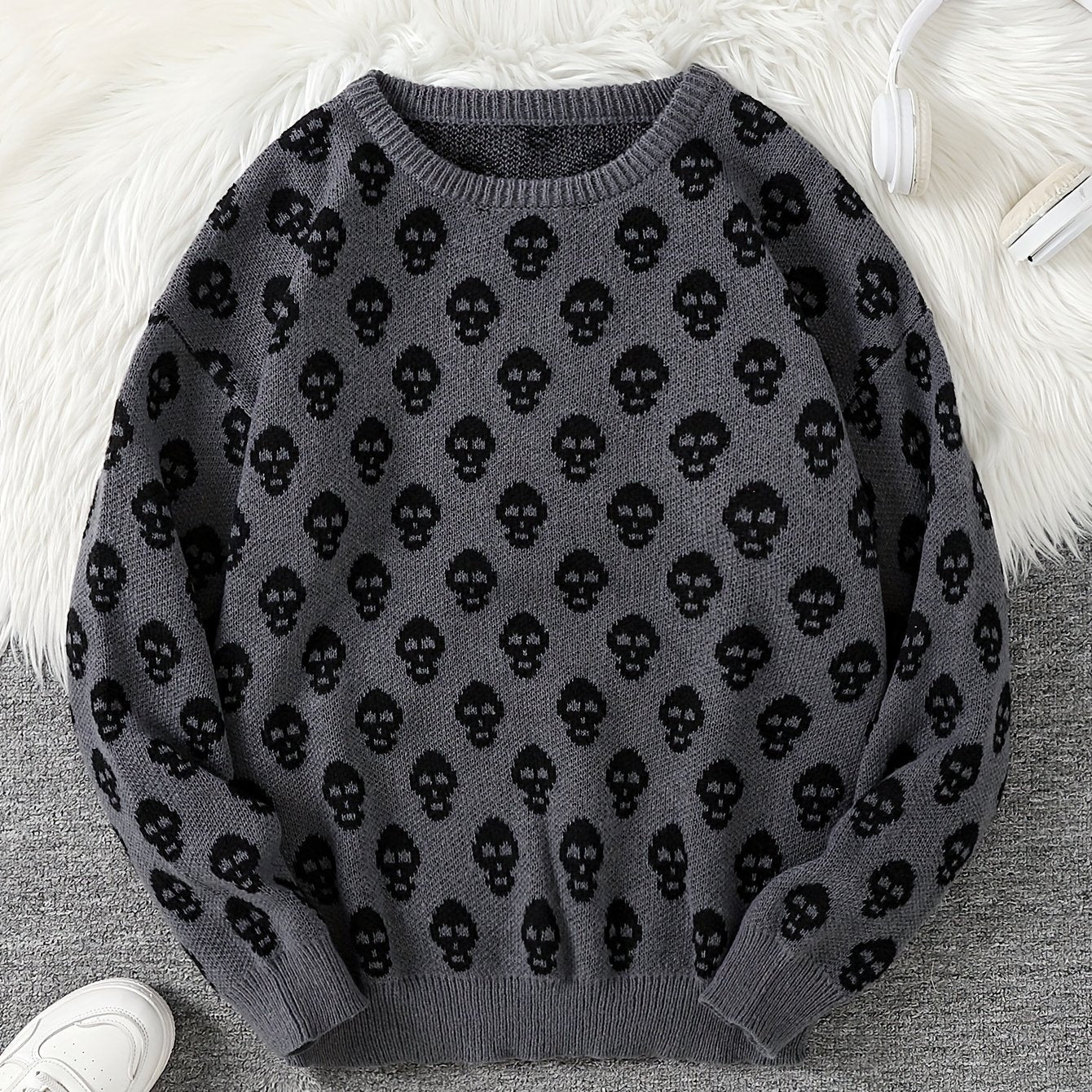 Unisex Pullover mit Totenkopfmuster Strick Rundhals Langarm Strickpullover