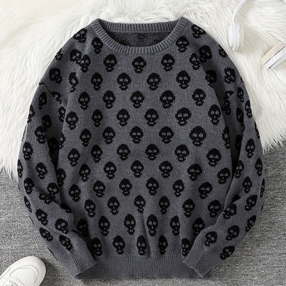 Unisex Pullover mit Totenkopfmuster Strick Rundhals Langarm Strickpullover