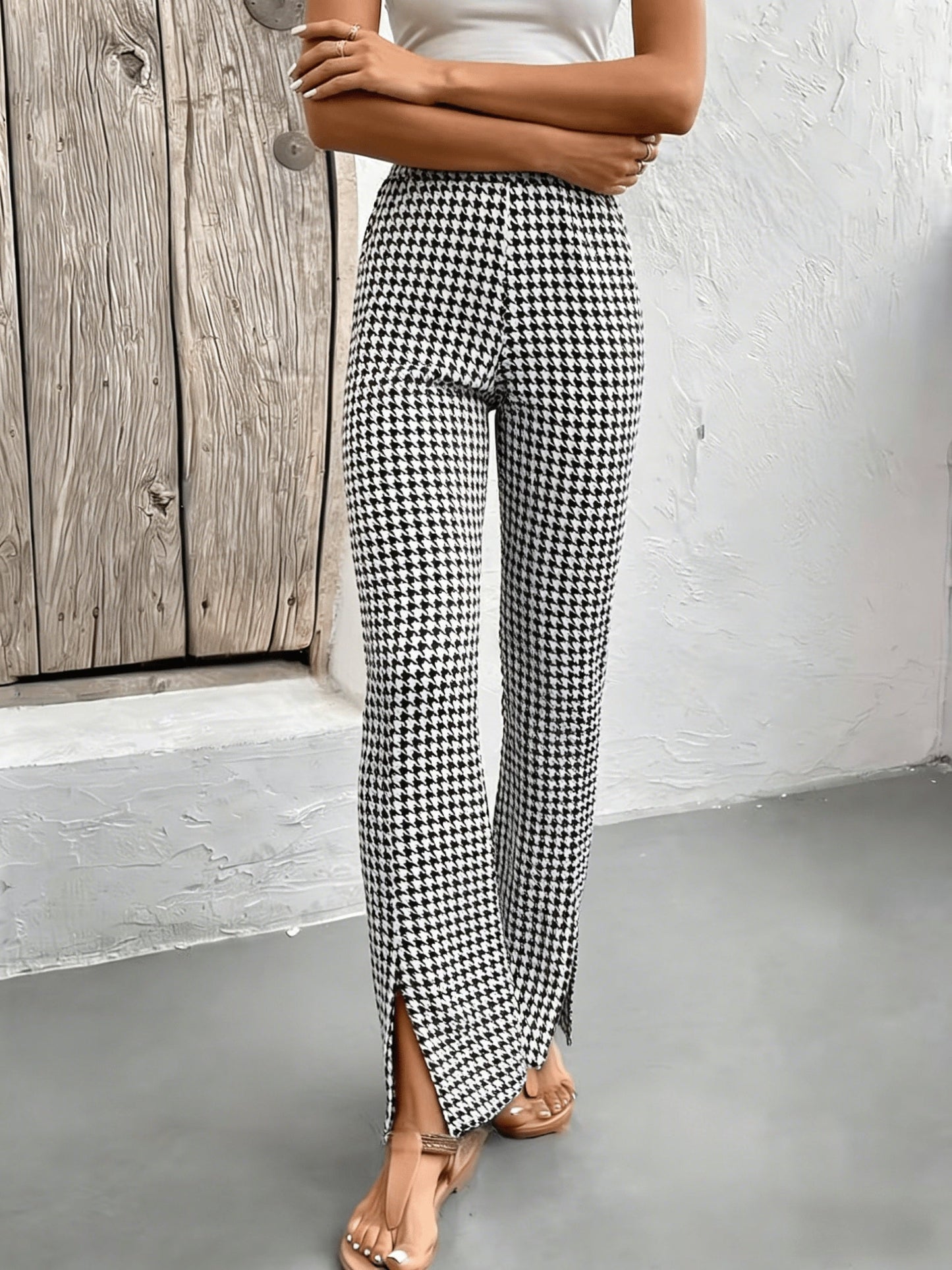 Damen Elegante Hahnentritt Schlaghose mit Schlitz für Freizeit und Ausgehen