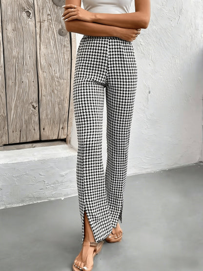 Damen Elegante Hahnentritt Schlaghose mit Schlitz für Freizeit und Ausgehen