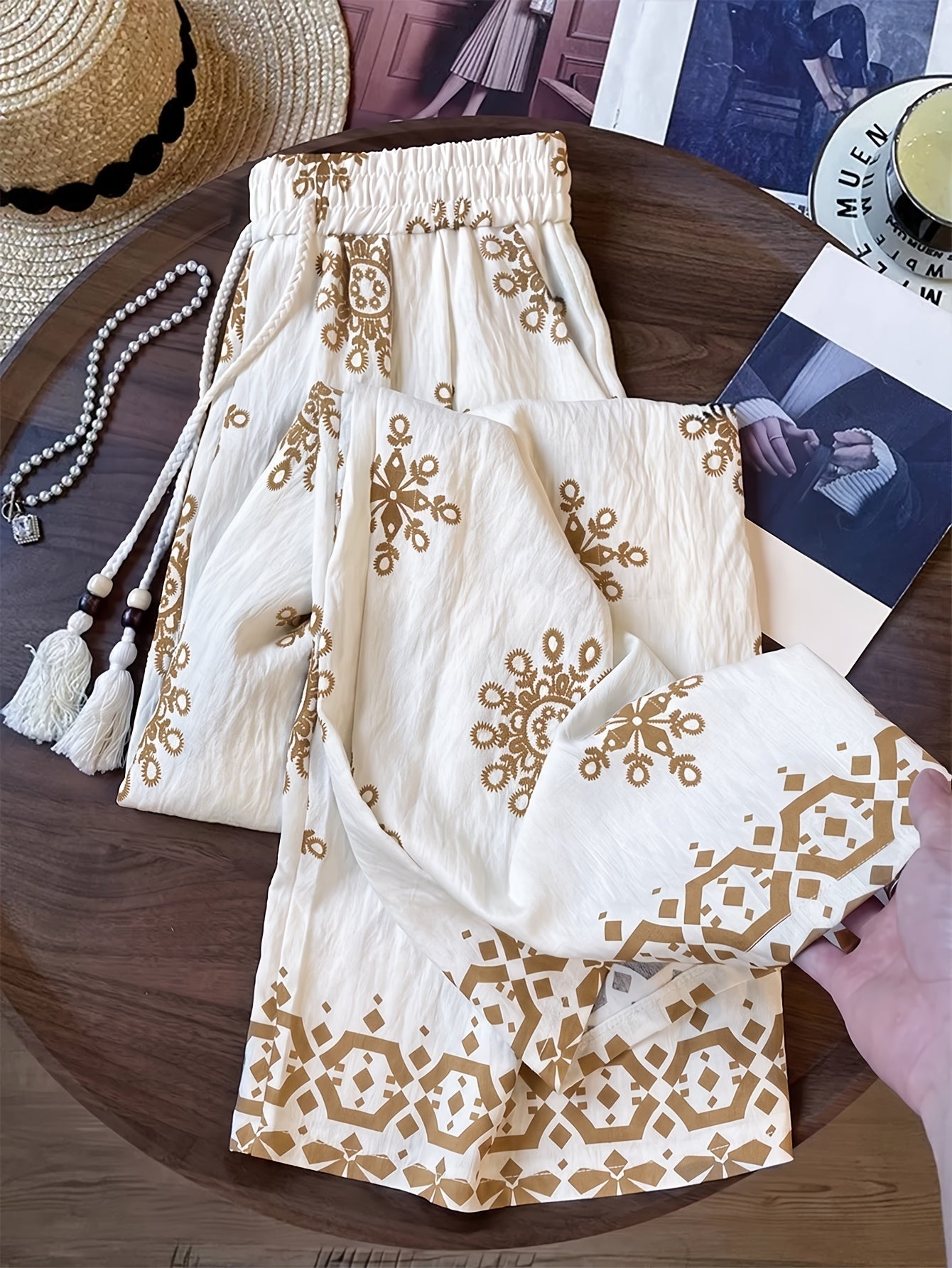 Damen Palazzo-Hose mit Boho-Stickerei und lässigem Schnitt