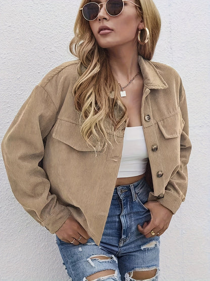 Damen Cordjacke Khaki Crop Style mit Knopfleiste und Pattentaschen