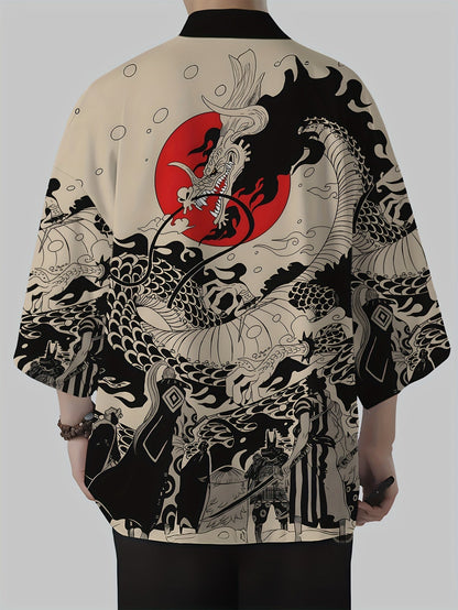 Herren Kimono Cardigan mit japanischem Drachen- und Samurai-Print – Streetwear Stil