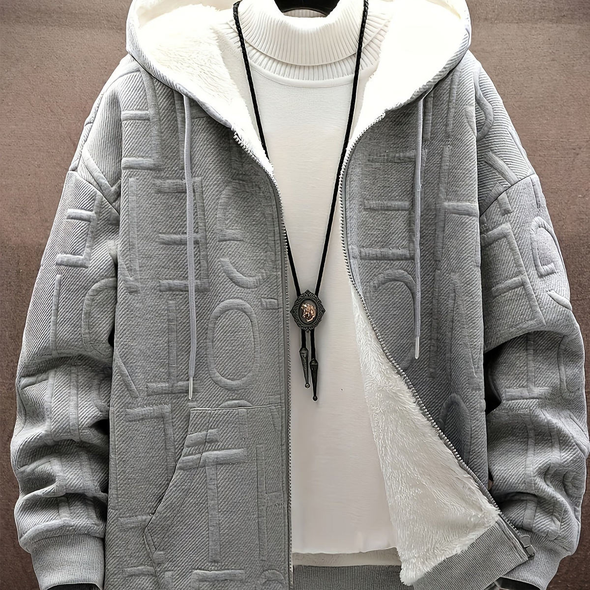 Unisex Winterjacke mit Kapuze, Reißverschluss & Futter, strukturiertes Muster