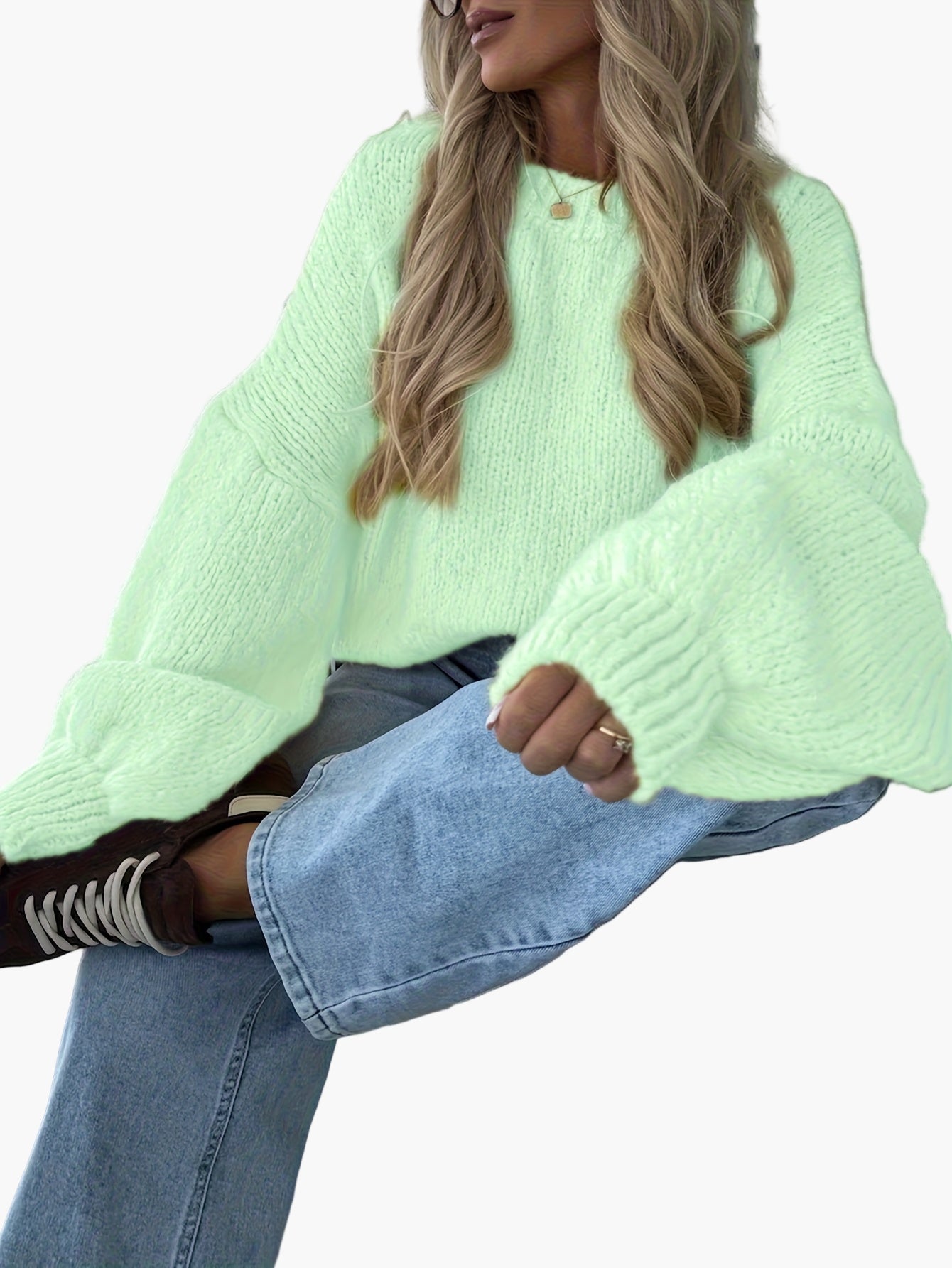 Damen Grobstrick Pullover mit Ballonärmeln für Herbst und Winter – Lässiger Strickpullover