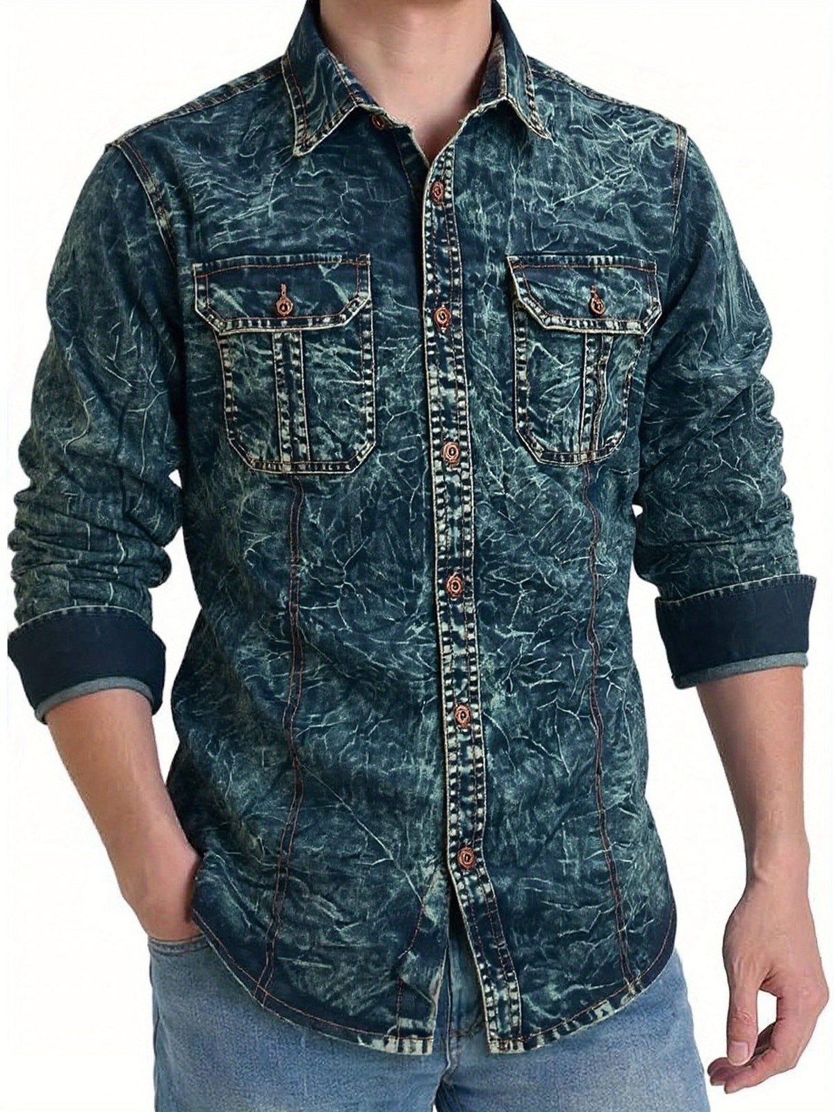 Herren Langarmhemd im Denim-Stil mit Brusttaschen