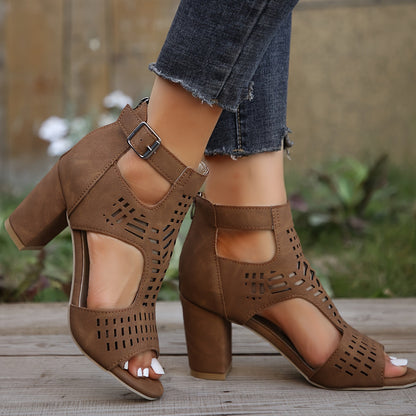 Damen Sandaletten mit Blockabsatz und Cut-Out Design – Modische High-Heel Sommerschuhe für Alltag und Freizeit