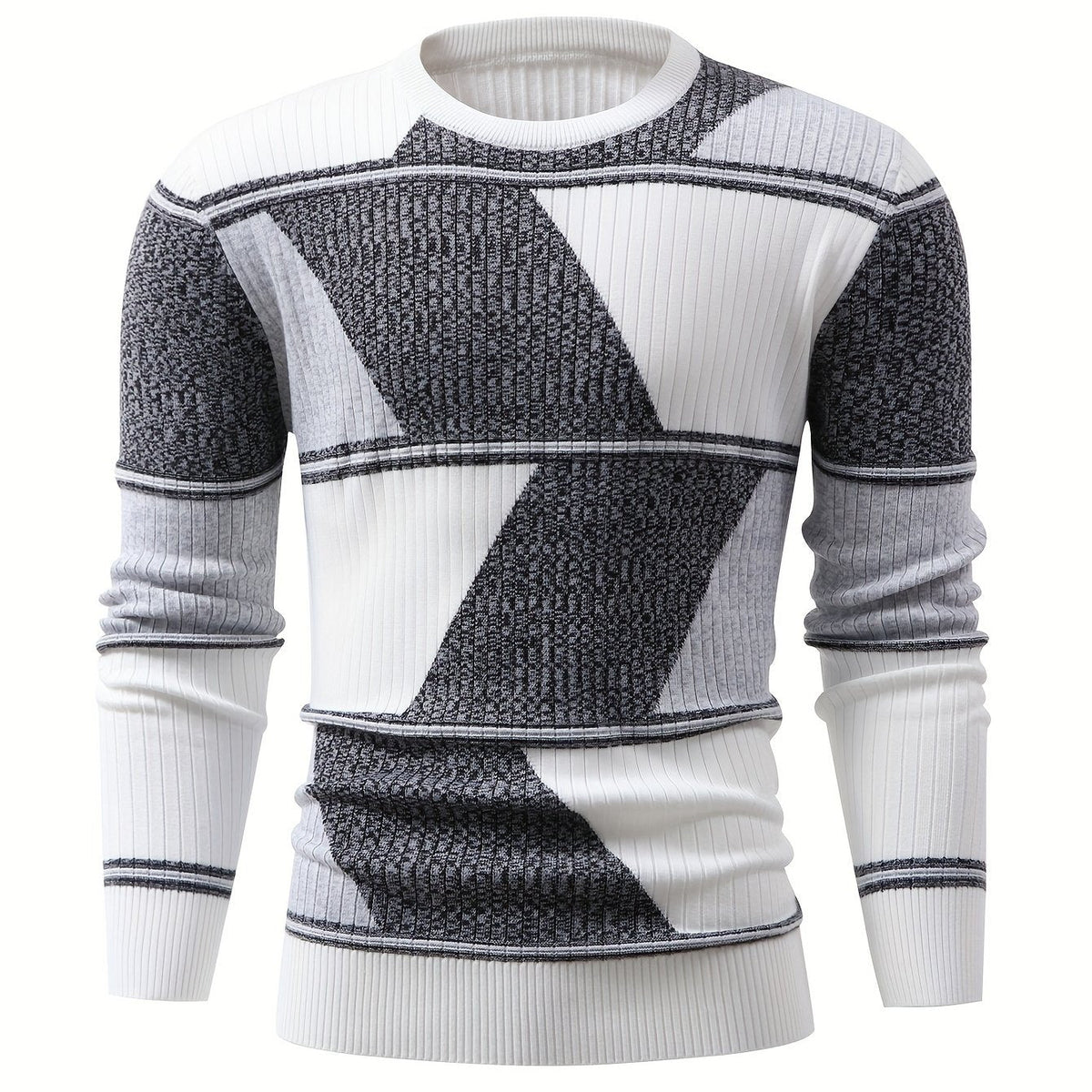Herren Pullover Langarm Gerippt mit Geometrischem Muster Schwarz Weiß