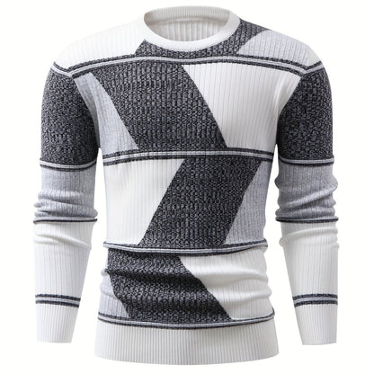 Herren Pullover Langarm Gerippt mit Geometrischem Muster Schwarz Weiß
